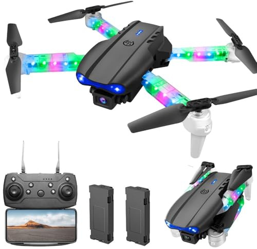 OBEST Drönare med 1080P-kamera med LED-lampor för vuxna RC FPV-drönare | Vikbar quadcopter med WiFi-överföring, One Key start/landning, 3D-flips, 2 batterier, leksaker presenter för pojkar flickor