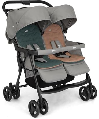 Joie aire™ twin Zwillingsbuggy – leichter Buggy mit kompaktem Faltmaß, flacher Liegefunktion, Regenschutz & zwei Sitzen, geeignet ab Geburt bis 3 Jahre (0–15 kg), pebble