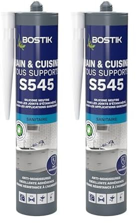 Bostik S545 – Mastic Silicone Bain et Cuisine – Jointe Tous Matériaux – Traité Anti-Moisissures – Conservation Longue Durée – Couleur : Blanc – Cartouche 300 ml (Lot de 2)