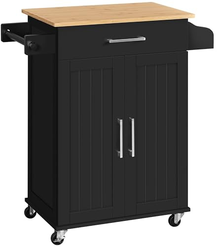 Yaheetech Kitchen Storage Trolley on Wheels With Bamboo Worktop, Rolling Kitchen Island Cart With Towel & Spice Rack for Dining Rooms, Black