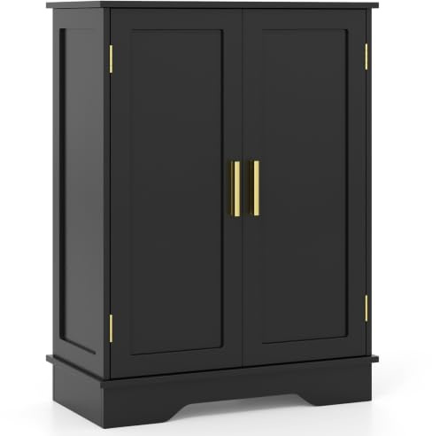 COSTWAY Bathroom Floor Cabinet, Freestanding Storage Cupboard with Double Door and Adjustable Shelves, Wooden Bathroom Unit Side Cabinet for Living Room Hallway Kitchen, 60 x 30 x 80cm (Black)