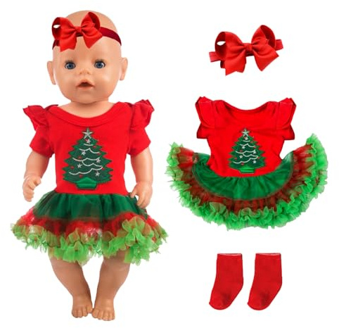 Doll Clothes for 14-18 Inch Baby Dolls, Baby Doll Clothes Outfits Overall 30-43 cm with 1 Christmas Tree Dress 1 Red headband 1 Socks Baby Doll Accessories for Girls Kids Friends Birthday Easter Gifts