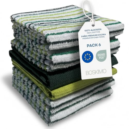 BOSKIMO Paños de Cocina Algodón Premium – Pack de 6 Trapos de Cocina Microfibra y Rizo, Trapos Cocina Algodón Absorbentes, Paños de Limpieza Aura Green