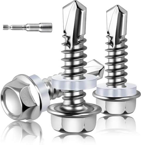 XRXYMQ 100 stycken självgängande skruvar M5,5 x 19 mm dispenserskruvar med tätningsskiva plåtskruvar självgängande dispenserskruvar 410 rostfria trapetsplåtskruvar för metalltak staket
