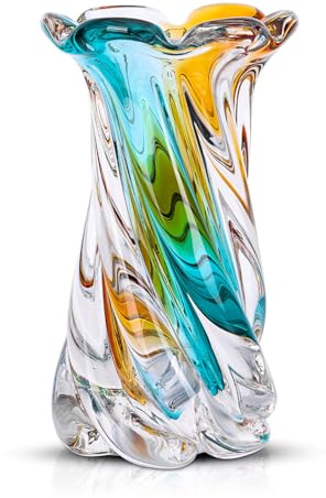 9.45in H Clear Hand Blown Glass Vase, Beautiful Teal and Amber Sea Glass Flower Vases for Bouquet, Colored Wide Mouth Vase for Home Kitchen Bathroom Dining Table Unique Centerpiece