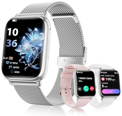 SLOKSFil Smartwatch Donna con Chiamate Bluetooth, 1.83 Fitness Orologio Smartwatch 3 Cinturini Frequenza Cardiaca SpO2 Pressione Sanguigna IP68 Impermeabile Sonno 120+ Modalità Sportive (Argento)