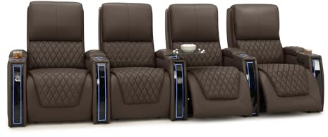 Seatcraft Apex Home Theater Seating, Living Room, Powered Headrest, Powered Lumbar, Powered Recline, Italian Leather, USB Charging, Row of 4, Brown