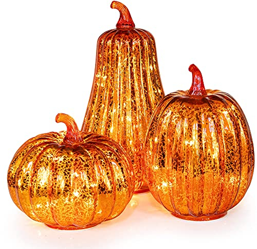 Citrouille en Verre KI Store illuminée avec minuterie Ensemble de 3 citrouilles LED Grands Ornements de veilleuse pour pièce maîtresse, décoration d'automne