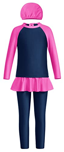 Girls Modest Swimwear 3 Pieces Hijab Burkini Long Sleeve Rash Guard Full Cover Swimsuit Top Pants Cap Bathing Suits Beachwear Surfing Muslim Islamic Swimming Costume Hot Pink 7-8 Years