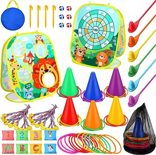 Yunsailing 63 Pcs Carnival Outdoor Games Set for Kids Include Animal Bean Bag Toss Plastic Cones Ring Toss Egg and Spoon Race, Field Yard Lawn Outdoor Game, Gift for Birthday Party