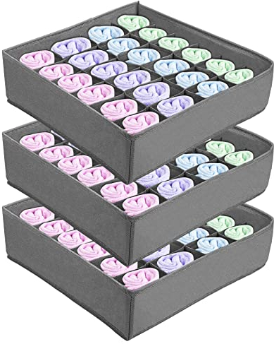 AOKITO Organizer per Cassetti a 24 Celle, Scatole per Calzini e Biancheria Intima, Scatole Pieghevoli, per Conservare Sciarpe, Cravatte, Cinture e Altri Accessori (Set di 3, Grigio)