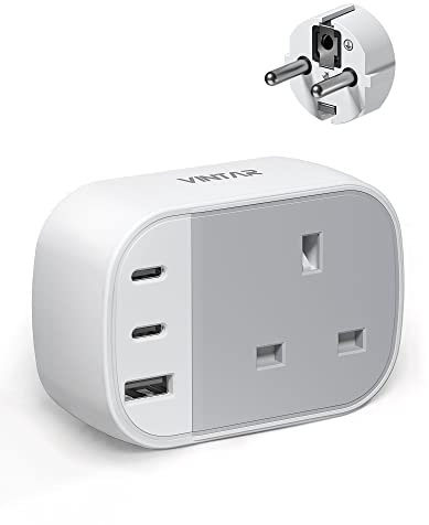 UK to European Plug Adapter, VINTAR Grounded Europe Travel Adapter with 2 USB C 1 USB A Ports, Travel Plugs UK to EU for Germany France Spain Greece Turkey Poland and More (Type E/F),1 Pack