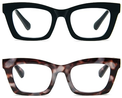 Kodilin 2 Pacco Occhiali da Lettura Vintage Oversize Square Frame Grande Retrò Quadrati Rettangolar Anti Luce Blu per Donna Cerniera a molla Nero+Tartaruga 1.5