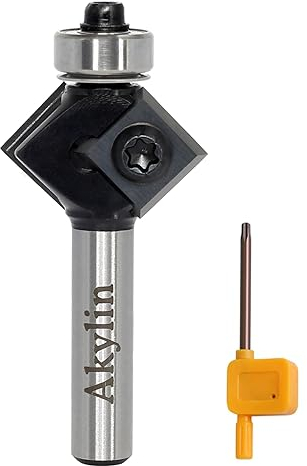 AKYLIN Fresa de biselado de 8 mm, hoja de metal duro intercambiable de 4 lados, fresadora de biselado para fresadora superior con rodamientos, fresa de madera de 45 grados para mecanizado de cantos