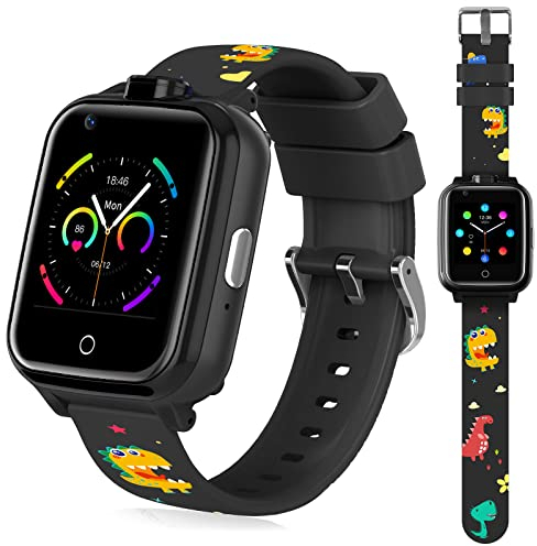 OKYUK 4G Smartwatch für Kinder, GPS-Tracker, mehrere Desktop-Stile zur Auswahl, Zwei-Wege-Anrufe, Bildkompetenz, SOS, WLAN, wasserdichter Touchscreen für 4–12 Jungen und Mädchen (Blau) (T13 Schwarz)