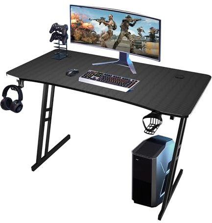T-THREE.Gaming Desk 120 x 60cm Large metal-framed computer desk with carbon fibre finish, with cup holder and headphone hook, PC gaming desk for home office, easy assembly