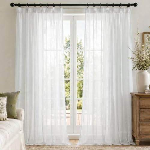 Deconovo Tende per Interni Eleganti in Voile Effetto Lino con Fettuccia – 2 Pezzi Trasparenti Morbidi, Filtrano la Luce Naturale, 140x245 cm, Ideali per Soggiorno e Camera da Letto, Bianche
