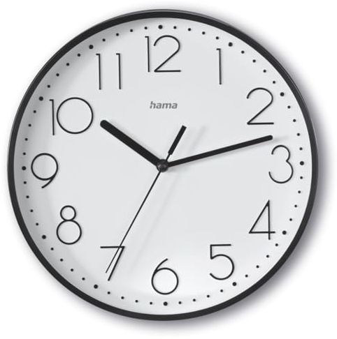 Hama Wanduhr Salina (ohne Tickgeräusche, Quarzuhr geräuscharm, Ø 22cm, große Ziffern, analoge Uhr, mit Stunden-, Minuten- und Sekundenzeiger, Glas Abdeckung, inkl. Batterie) schwarz