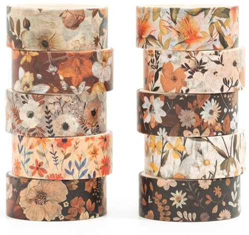 Songdao Blumen Washi Tape Set 10 Rollen Blumenkunst Dekoratives Klebeband Bunt für Scrapbooking, Bullet Tagebuch, Planer, Geschenkverpackung (5-Browns)