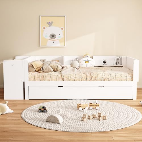 Letto piano, con letto estraibile, con scrivania, tre ripiani sul lato del letto, bianco, 90 x 200 cm