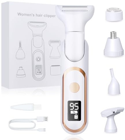 Rasierer Damen, 5-in-1 Intimrasierer für Frauen, Damenrasierer Elektrisch Nass-Trockenrasierer mit 180 Grad drehbarer Kopf für Körper, Achseln, Bikini, Augenbrauen und Nase (weiß)