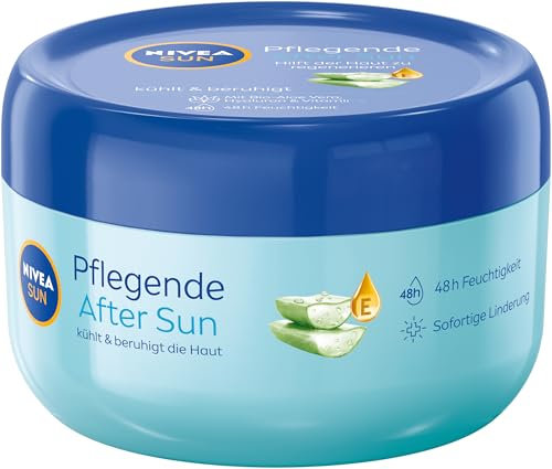 NIVEA SUN Bálsamo nutritivo After Sun, loción refrescante después de tomar el sol, bálsamo calmante con aloe vera orgánico y ácido hialurónico para 48 horas de hidratación (300 ml)