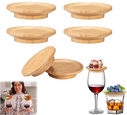 GIONAR 6 decorazioni per salumi per calici da vino, in bambù, 2 in 1, con coperchio, protezione antipolvere per flute da vino rosso, whisky e champagne