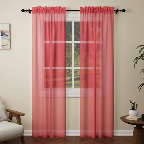 Pacok Red Voile Curtains 84 Drop, 2 Panels Rod Pocket W56xL84 Inch | See Through Net Curtains for Windows Long Washable Sheer Curtain Panel for Living Room, Bedroom, Kitchen 142 x 213cm Drop