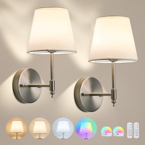 DSJK Battery Operated Wall Sconce Set of Two,Brushed Nickel Wireless Wall Light with Remote Control,RGB Dimmable 15 Colors,Rechargeable Bulbs Cordless Wall Lamp for Indoor Bedroom Bathroom2