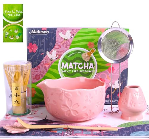 Matesen Matcha Kit Rosa,Set de Matcha de 7 Piezas,Kit de Matcha Completo,Utensilios para Ceremonia de Té Japonés,Soporte para Batidor de Matcha,Caja de Regalo de Matcha para Navidad