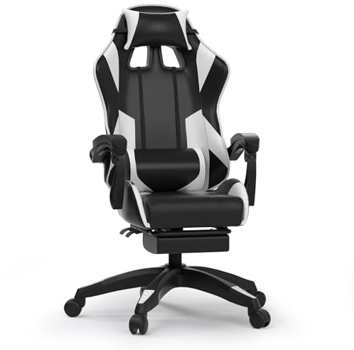 Confortil Sedia Gaming Ergonomica con Poggiapiedi Retrattile, Poltrona Reclinabile 135° con Poggiatesta e Braccioli Regolabili, Sedia da Ufficio con Seduta Alta e Rotelle Silenziose – Nero e Bianco