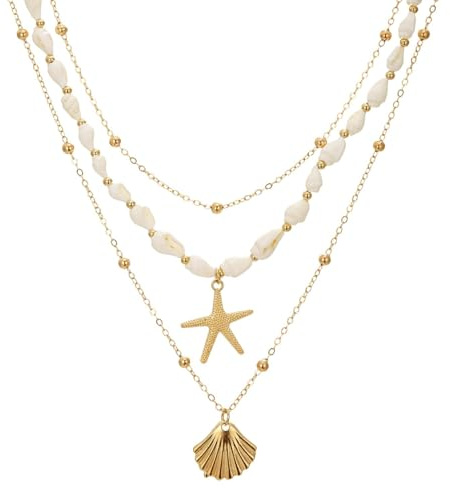 RIXERKOC Collier Étoile de mer Coquillage pour Femme, Collier à Breloques en Perles Superposées Plaqué Or 14K Chaîne de Perles Coquillage Bohème Cadeaux Bijoux pour Vacances d'Été à la Plage (C)