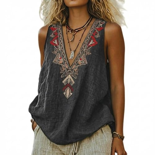 hehiy Women's Embroidered Vest Tops 2026 Fashion Boho V Neck Sleeveless Shirts Summer Casual Linen Blouse Loose Ladies Ethnic Style Tank Tops