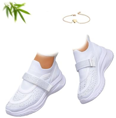 Scarpe da ginnastica ortopediche da donna, traspiranti, con strass, alla moda, traspiranti, con zeppa, scintillanti, in rete, senza lacci, per matrimoni e tennis, bianco, 38.5 EU