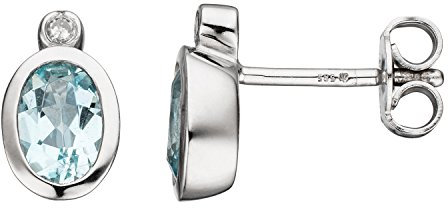 Jobo Damen-Ohrstecker aus 14 Karat 585 Weißgold mit Aquamarin Oval und 2 Diamanten