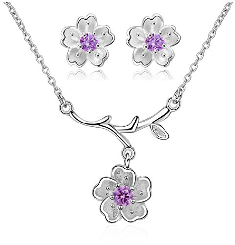 Uloveido Rosa lila körsbärsblomma halsband och örhängen set för flickor kvinnor, platinapläterade bröllopssmycken set för kvinnor födelsedagspresent DT340, Mässing, Kubisk zirkonia