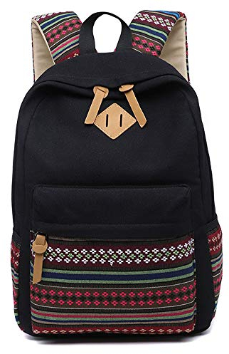 Lisirs Canvas Rucksack Damen Stabil Wasserdicht Schulranzen Mädchen Vintage Tolle Farbkombi Muster Schöner Praktischer Schulrucksack mit Laptopfach für Junge Teenager Freizeit und Schule Schwarz