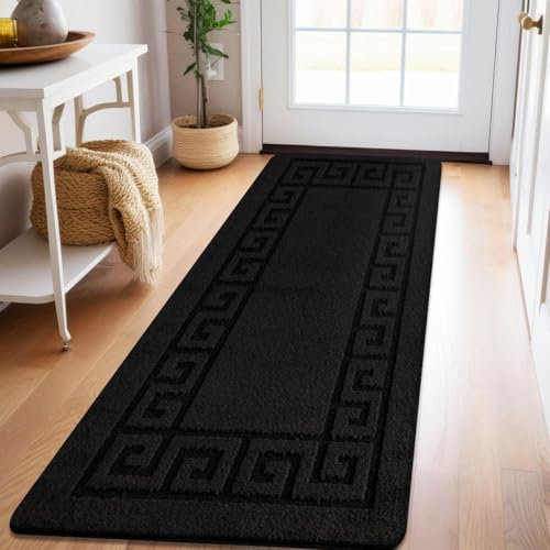 Carpet Runners for Hallways Non Slip Long With Gel Back - Marble Rug Washable Low Pile Rug, Kitchen Runner - Ideal For Living Room, Bedroom, Lounge And Hall |60 x 220 cm - Black