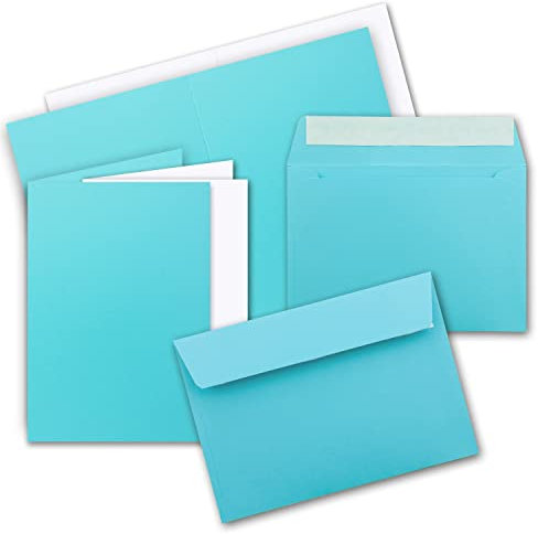 25x Faltkarten Set mit Einleger DIN A6 / C6 - Doppelkarten mit Umschlägen und Einlegern - Türkis (Blau) - 14,8 x 10,5 cm (105 x 148 mm) - Haftklebung
