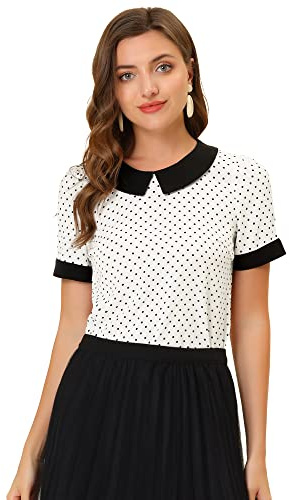 Allegra K kortärmad bubikrage prickar topp vintage prickig elegant topp blus, Vit/överflödig trädgård, M