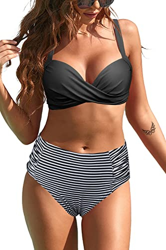 Rayson Donna Bikini a Vita Alta Due Pezzi Swimswear da Bagno Estate Spiaggia Costume Push Up Reggiseno Costumi Nuoto Morbida Stampato(Righe Bianche e Nere,XL)
