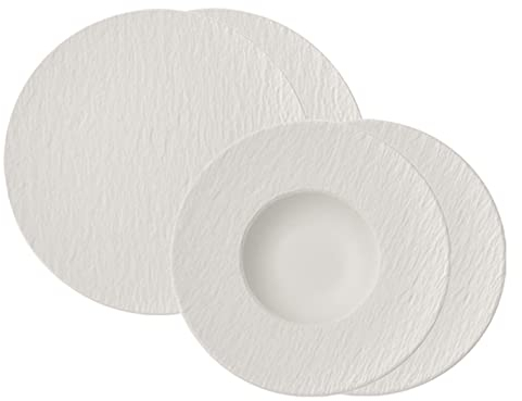 Villeroy & Boch Manufacture Rock Service à pizza et pâtes pour 2 personnes, vaisselle aspect ardoise, porcelaine de qualité supérieure, passe au lave-vaisselle/au micro-ondes, blanc