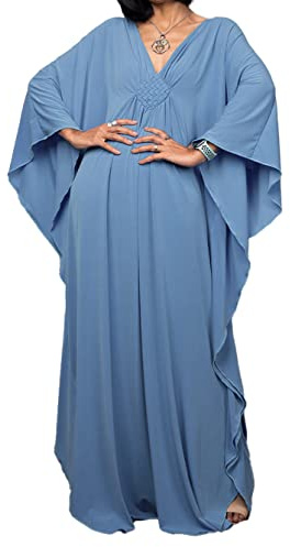 JFAN Copricostume Donna Mare Lungo Scollo a V Maxi Abito Lungo da Spiaggia Caftano Mare Copricostumi da Bagno per Donna(Blu,Taglia Unica)