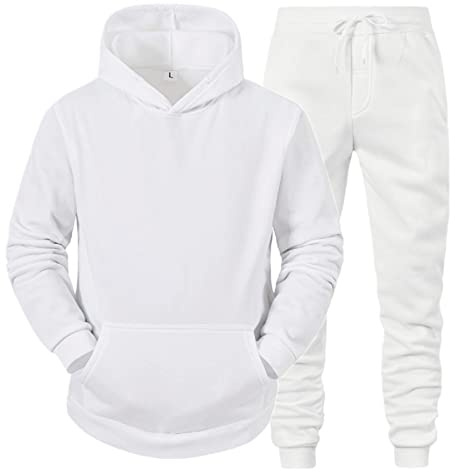 QWUVEDS Men and Women Sports Sets Autumn and Winter Leisure Plain Hoodie Trousers with Tassels Sports Suit Tracksuit Jacket Men, 0602A-white, XL