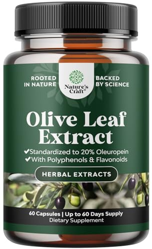 Potent Olive Leaf Extract Capsules - High Strength Antioxidant Supplement with Pure Olive Leaf with 20% Oleuropein - Herbal Heart Health Supplement - Vegan Non-GMO & Gluten Free - 60 Count