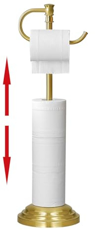 RUMOSE Toilet Paper Holder Stand for Floor, Brushed Gold Adjustable (12.4 to 22.8) Bathroom Toilet Tissue Holder, Free Standing Toilet Paper Roll Holder with Storage, Stainless Steel