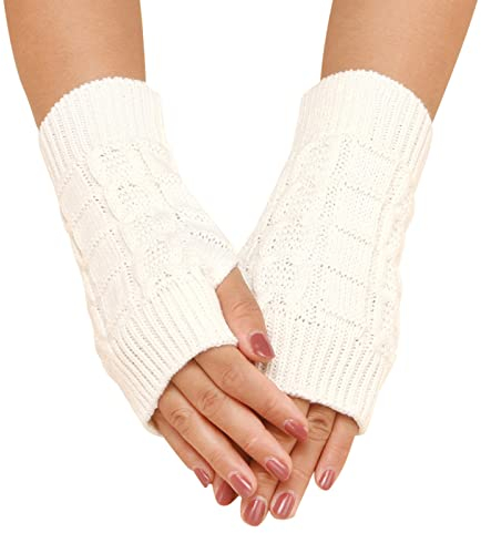HANXIULIN Stickade halvfingerlösa handskar med fingertumshål, stretchiga ärmar, stickade fingerlösa vantar vinter, stickade handskar, Vit, En Storlek