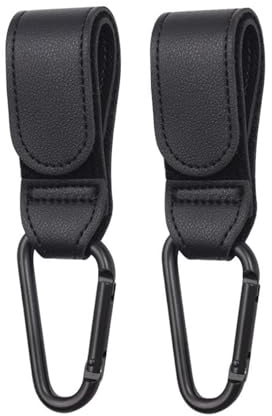 KOBOKO 2 Stück Kinderwagen Haken, Haken Kinderwagen, Kinderwagenhaken für Taschen, Taschenhaken, Karabinerhaken für Handtaschen, zum Befestigen am Kinderwagen, Universale Passform, Leder Style-Schwarz