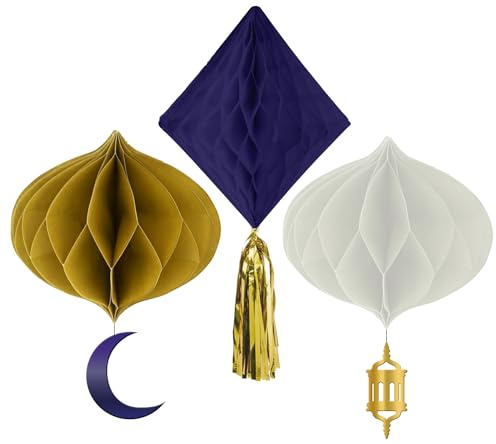 Folat 24892 Eid Mubarak - Juego bolas de panal - Eid Mubarak - 3 piezas - Ramadán Decoración con Clásico Estrellas Luna para Eid Al Fitr y Eid Al Adha