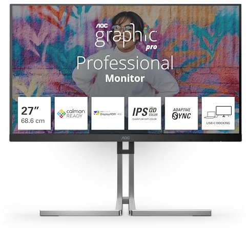AOC Graphic Monitor Q27U3CV 27 pollici, 2560x1440, FHD, 75Hz, IPS QD Panel, 4ms GtG, USB Hub Speakers, Height Adjustment, (HDMI1x 1.4 DP 1x 1.4) Adaptive Sync, VESA HDR400 (certified), Nero/Argento